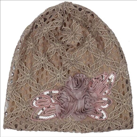 Brown Floral Lace Sequin Lightweight Lined Beanies Cap - NEW - Picture 3 of 4